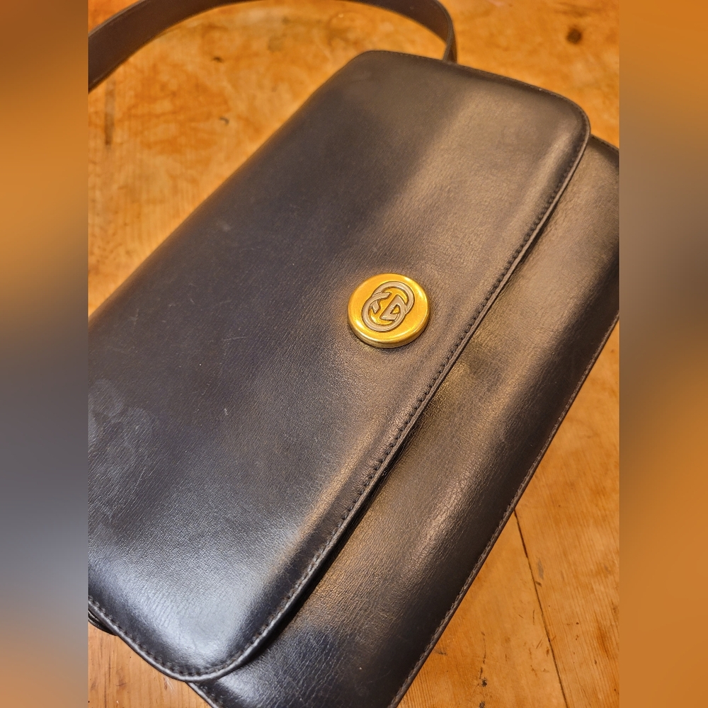 Gucci Vintage Dark Blue Leather Shoulder Crossbody Convertible Bag
